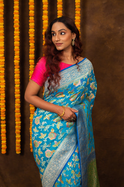 Teal Saree Georgette Khaddi Silk - Panaya 