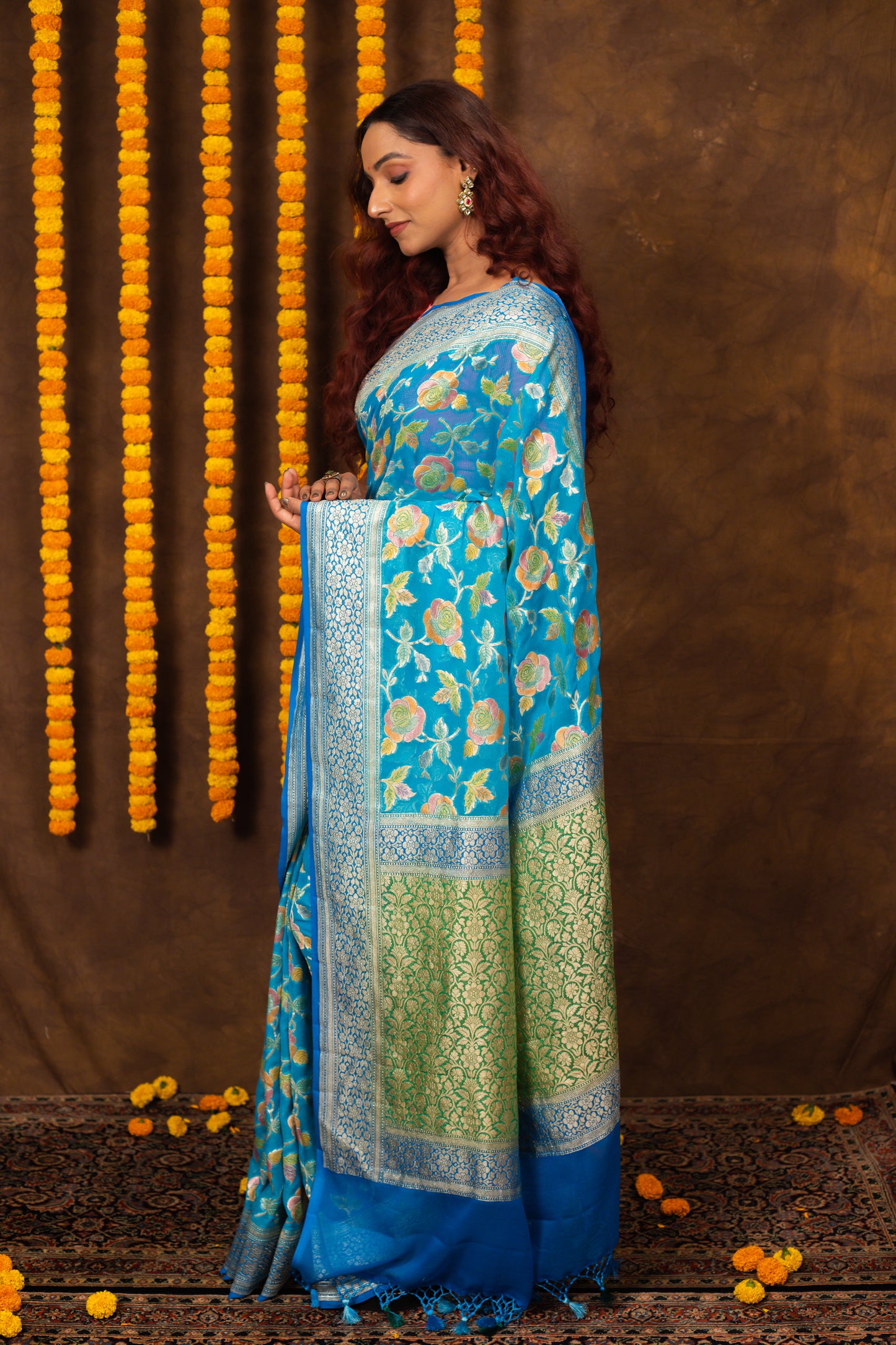 Teal Saree Georgette Khaddi Silk - Panaya 