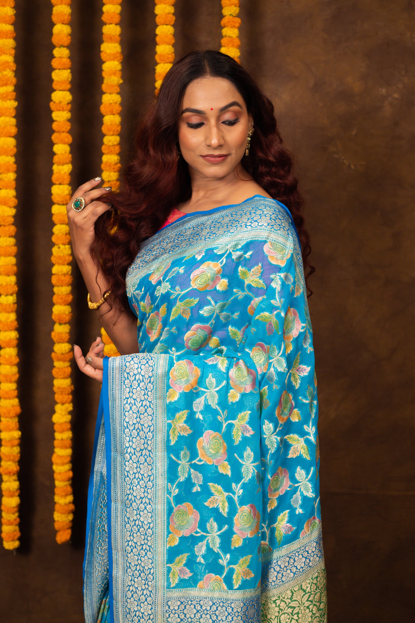 Teal Saree Georgette Khaddi Silk - Panaya 