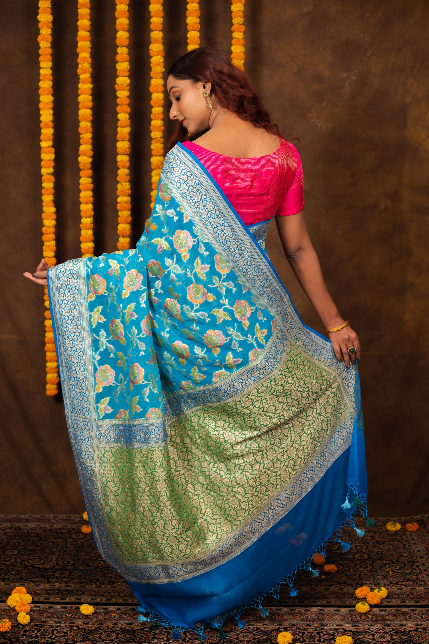 Teal Saree Georgette Khaddi Silk - Panaya 