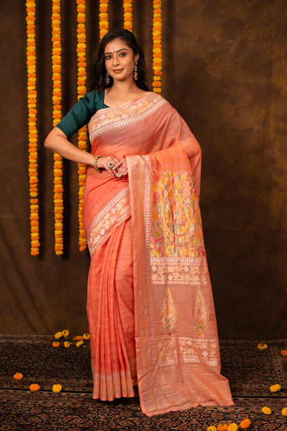 Peach Saree Cotton Handwoven