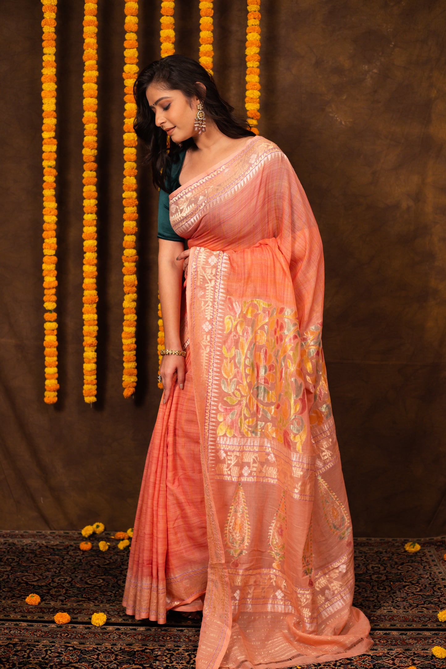 Peach Saree Cotton Handwoven - Panaya 