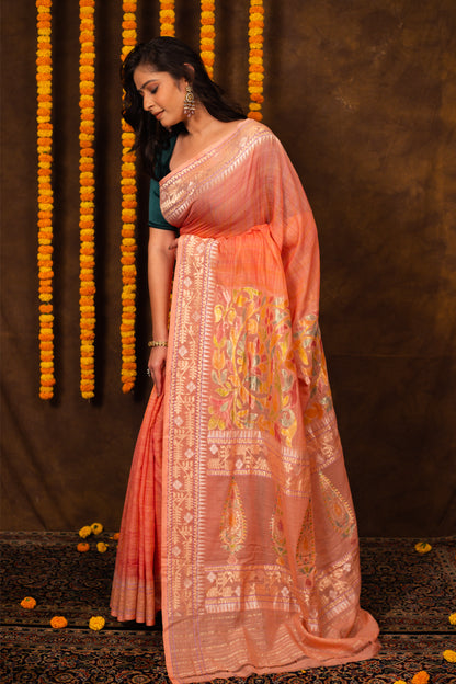 Peach Saree Cotton Handwoven - Panaya 