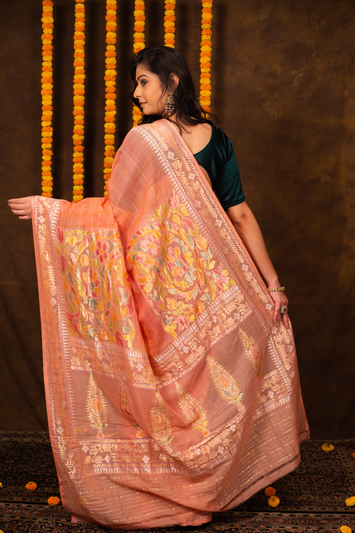 Peach Saree Cotton Handwoven - Panaya 