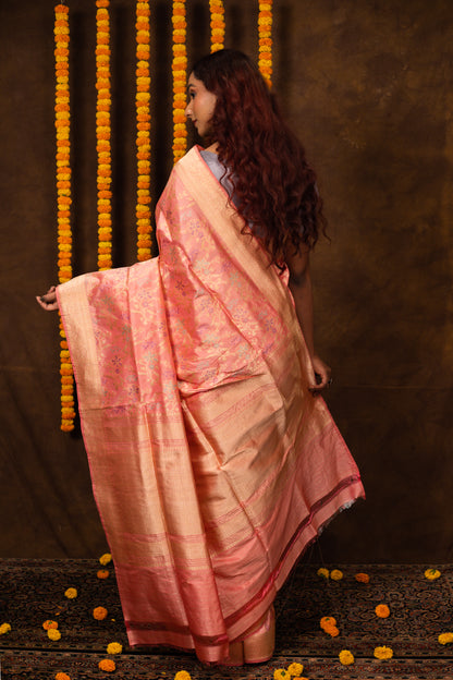 Peach Saree Cotton Handwoven - Panaya 