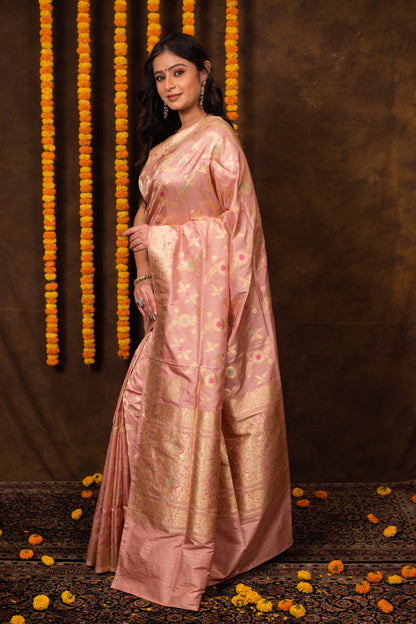 Peach Saree Katan Silk Handwoven - Panaya 