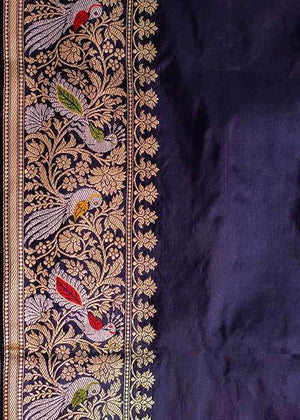 Navy Blue Katan Silk Saree — Cut Work