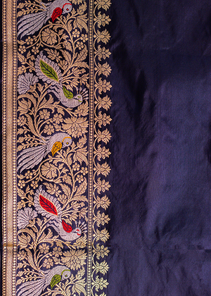 Navy Blue Katan Silk Saree — Cut Work Bird Boota