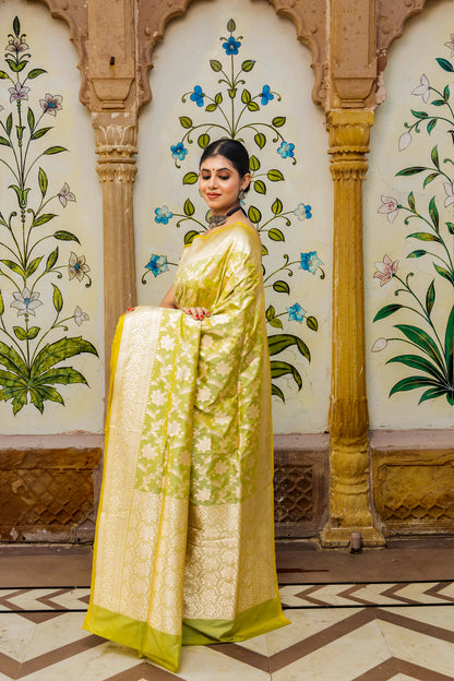 Pista Green Handwoven Cutwork Katan Silk Saree - Panaya 