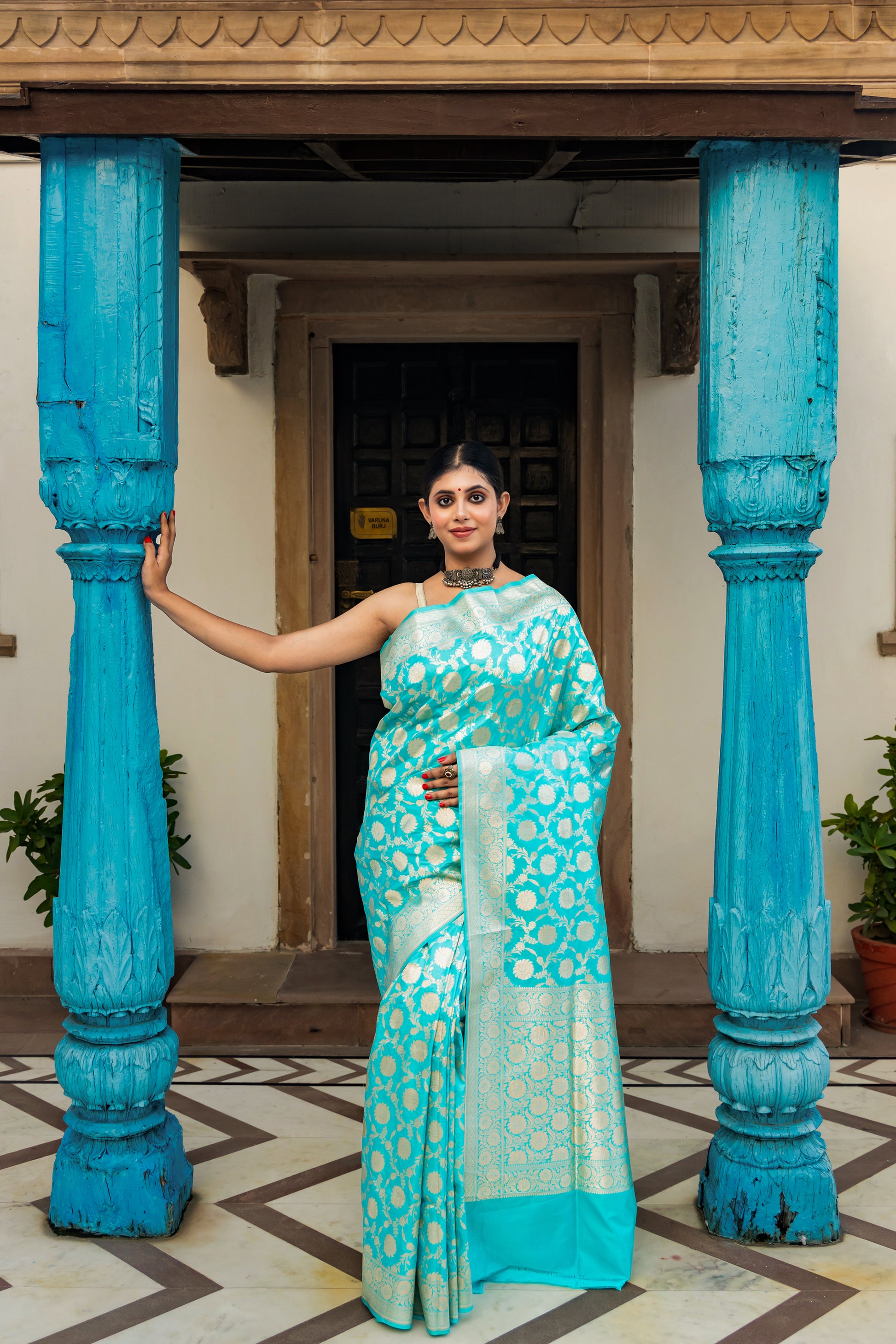 Teal Handwoven Cutwork Katan Silk Saree