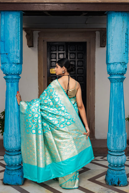 Teal Handwoven Cutwork Katan Silk Saree - Panaya 