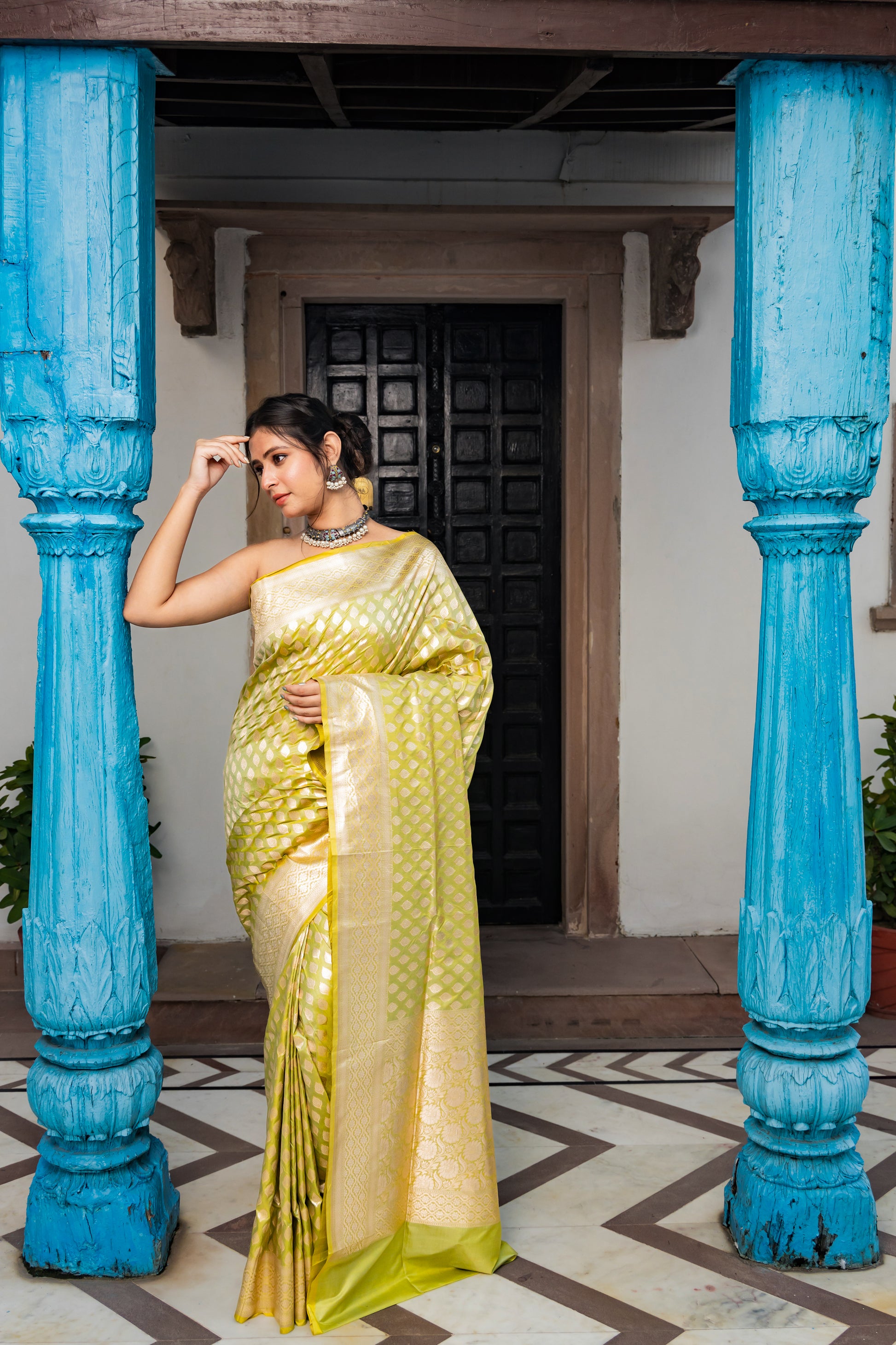 Pista Green Handwoven Cutwork Katan Silk Saree