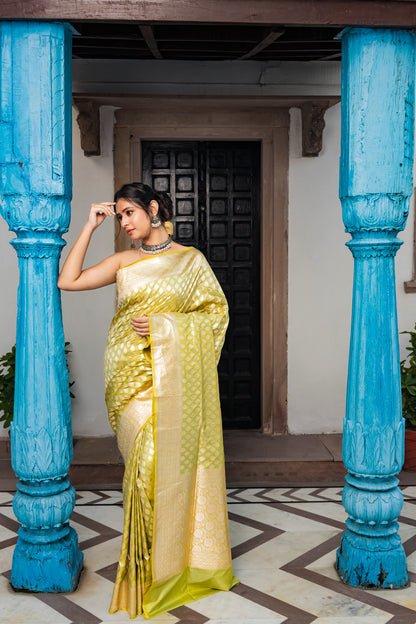 Pista Green Handwoven Cutwork Katan Silk Saree - Panaya 