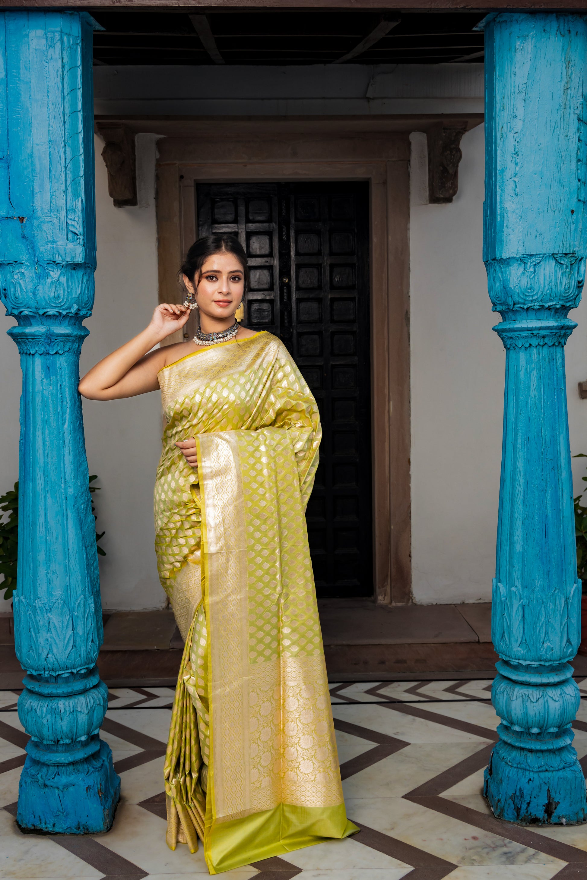 Pista Green Handwoven Cutwork Katan Silk Saree