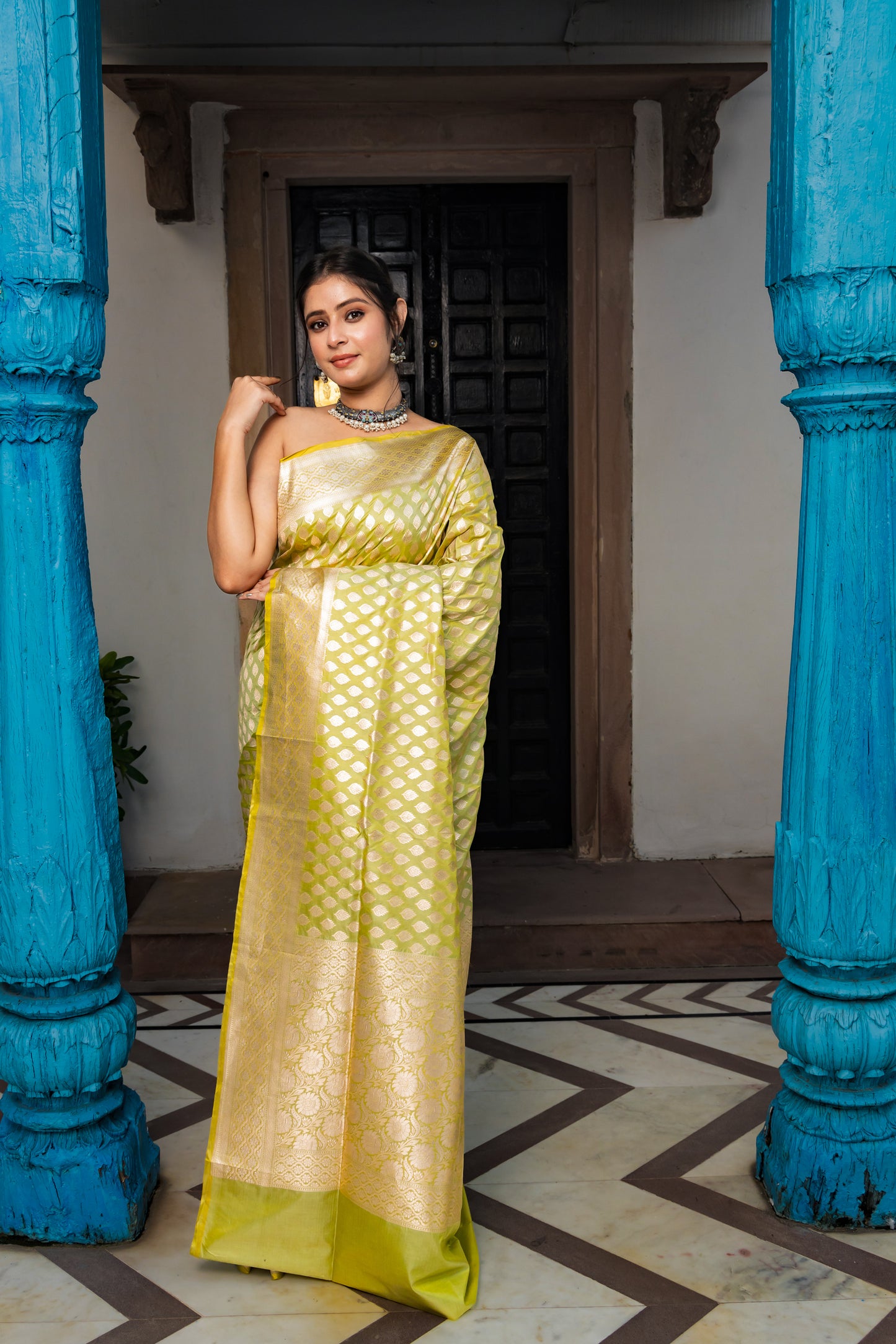 Pista Green Handwoven Cutwork Katan Silk Saree - Panaya 