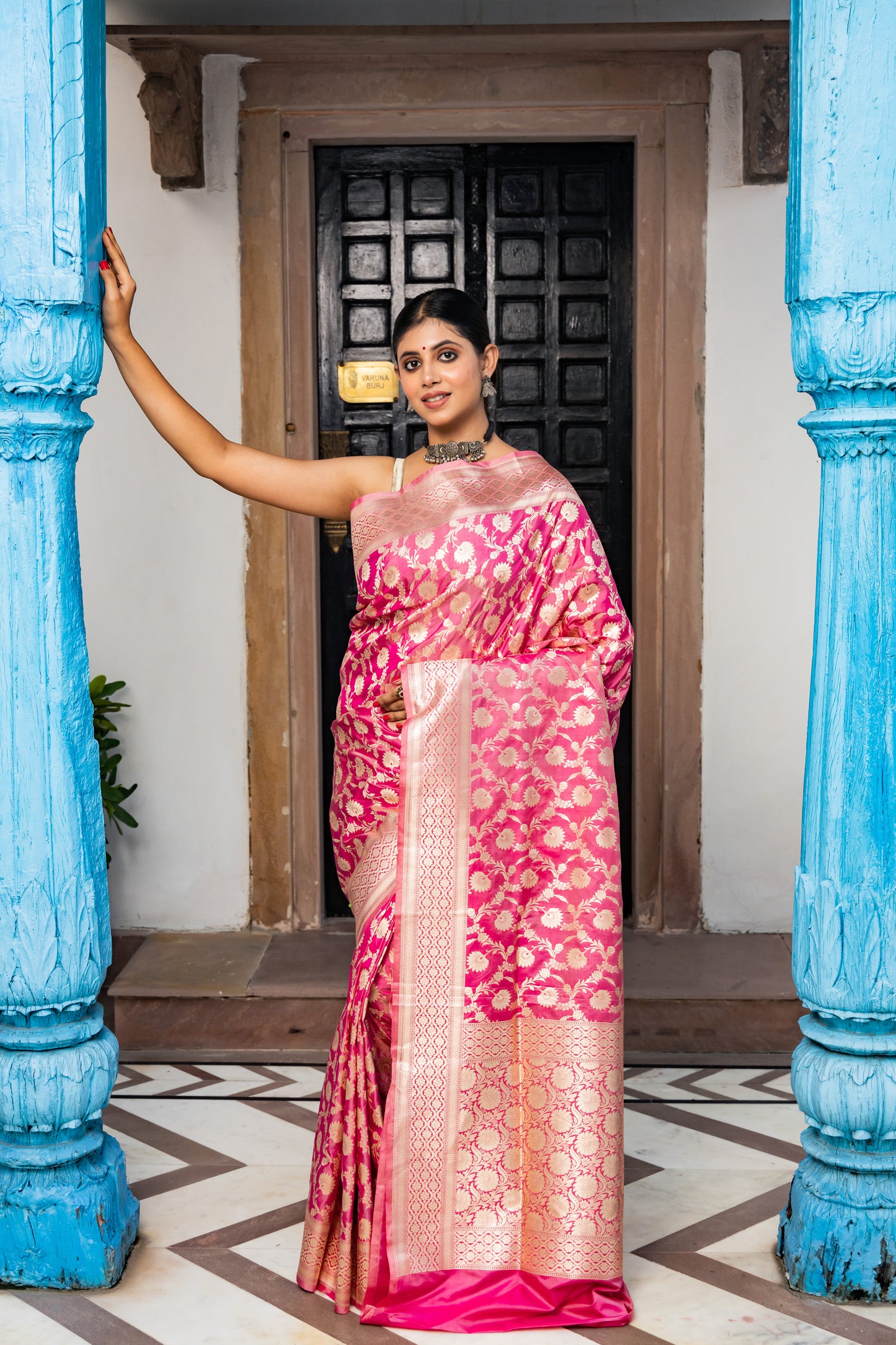 Pink Handwoven Cutwork Katan Silk Saree - Panaya 