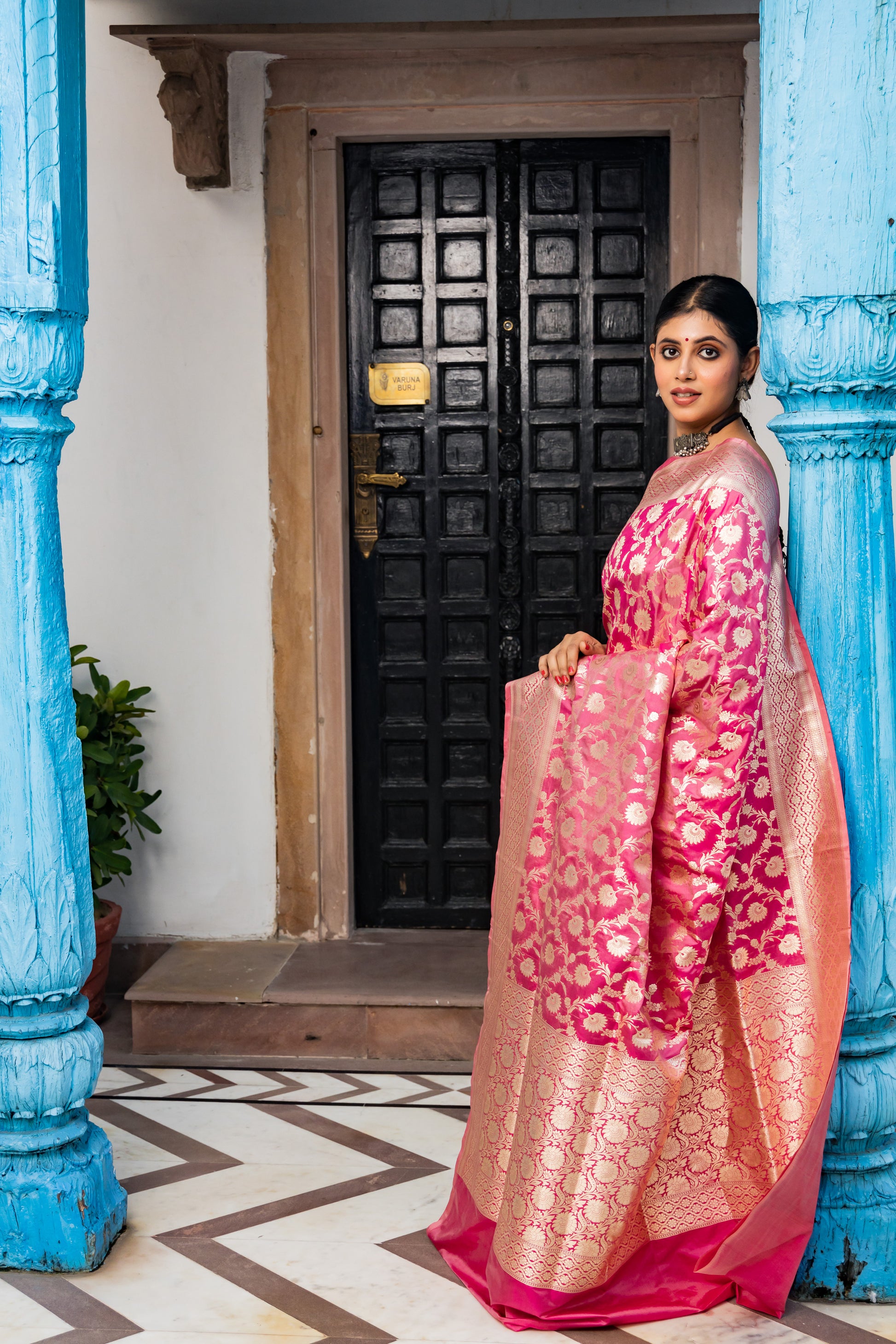 Pink Handwoven Cutwork Katan Silk Saree