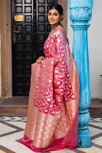 Pink Handwoven Cutwork Katan Silk Saree - Panaya 