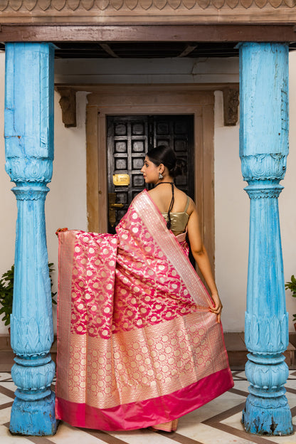 Pink Handwoven Cutwork Katan Silk Saree - Panaya 