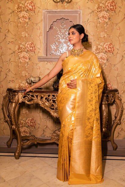 Yellow Handwoven Cutwork Katan Silk Saree - Panaya 