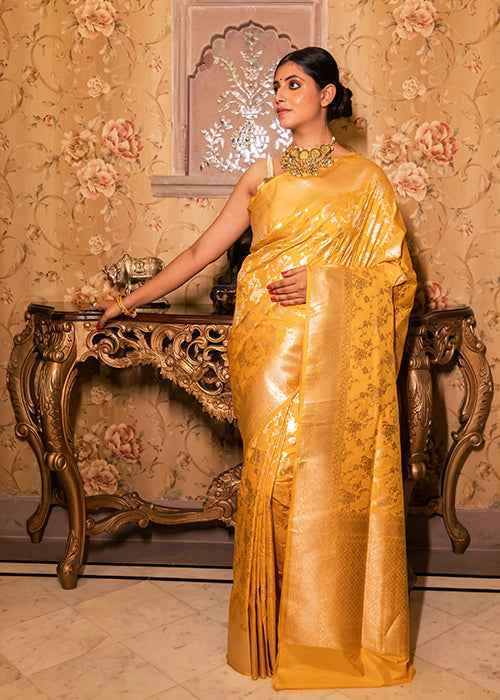 Yellow Katan Silk Saree — Cut Work