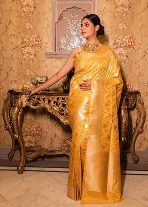 Yellow Katan Silk Saree — Cut Work