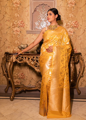 Yellow Katan Silk Saree — Cut Work Jaal