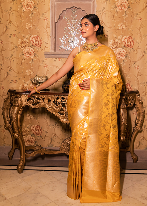 Yellow Katan Silk Saree — Cut Work Jaal
