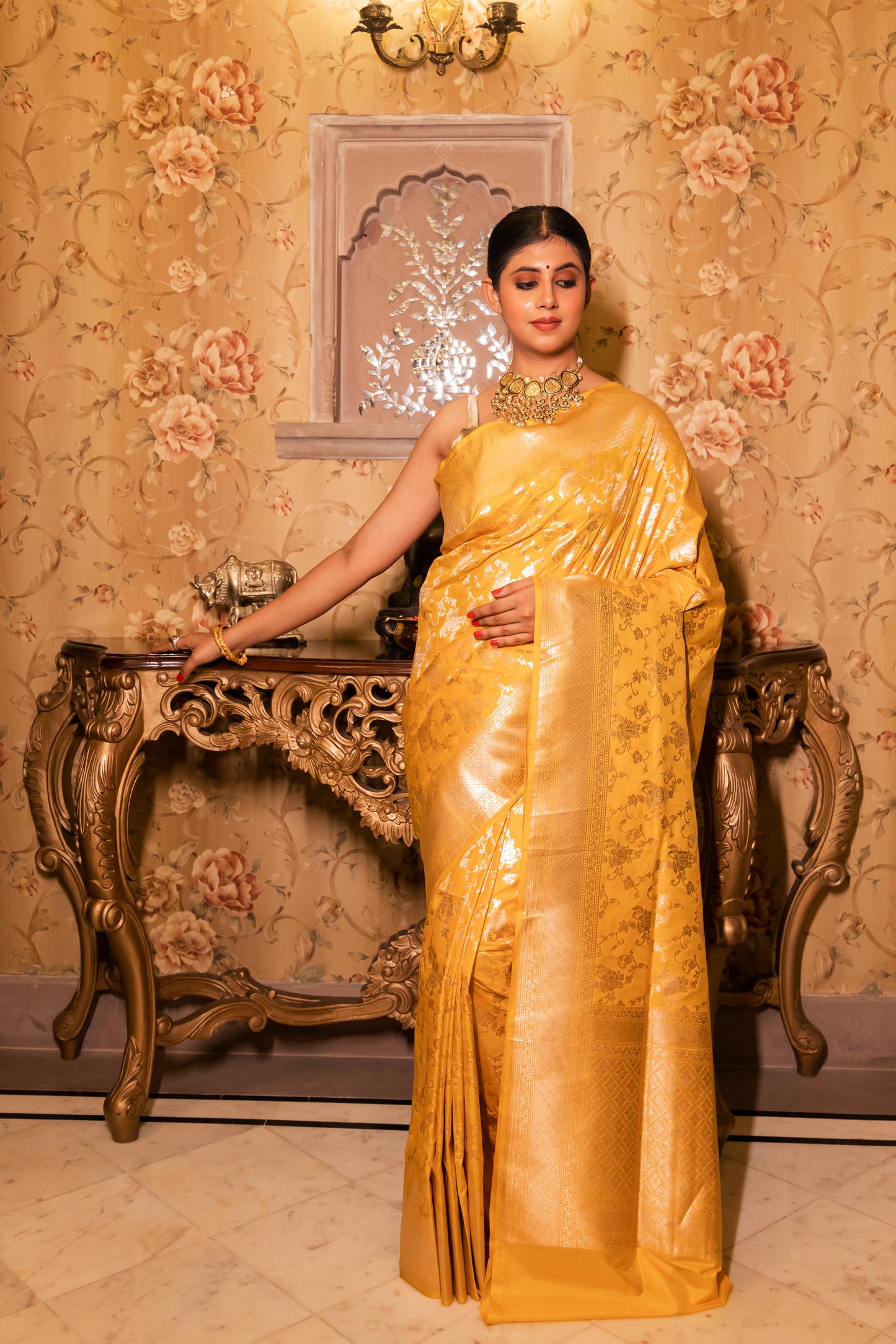 Yellow Handwoven Cutwork Katan Silk Saree - Panaya 