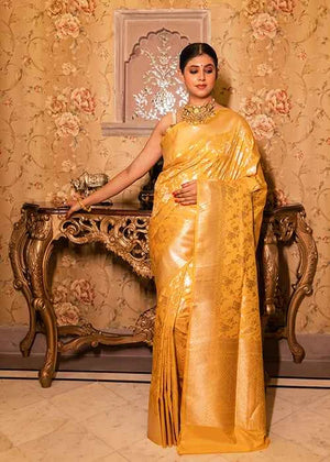 Yellow Katan Silk Saree — Cut Work