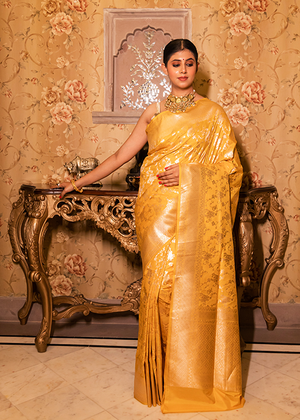 Yellow Katan Silk Saree — Cut Work Jaal