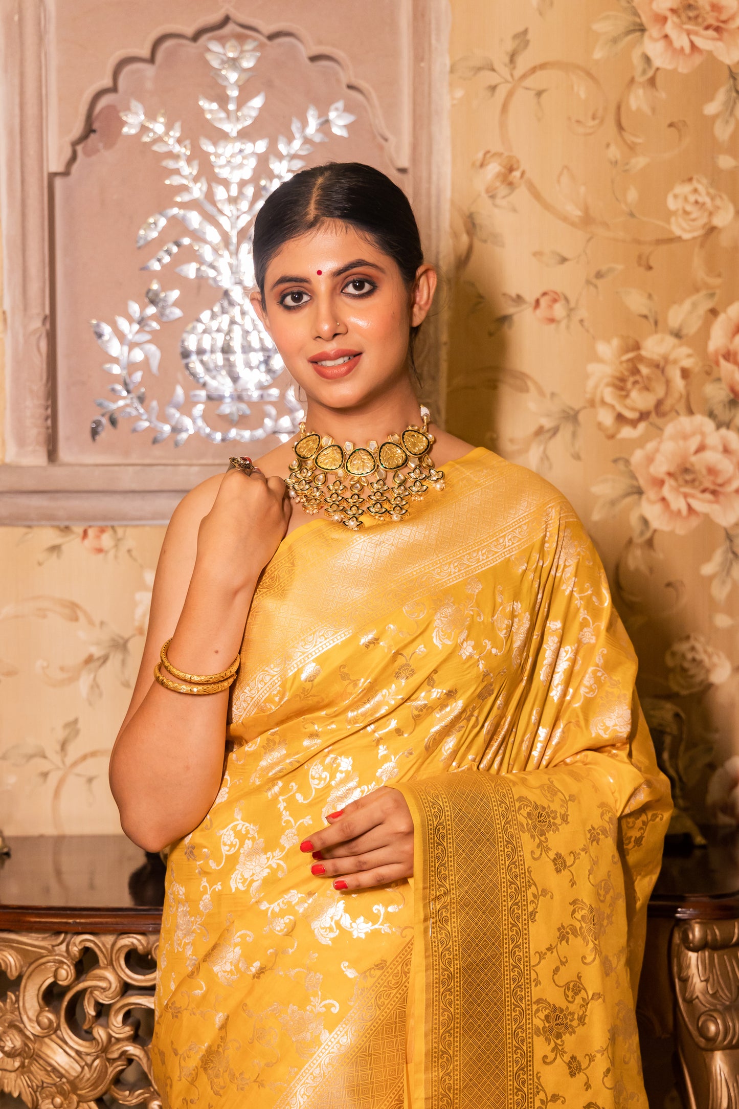 Yellow Handwoven Cutwork Katan Silk Saree - Panaya 