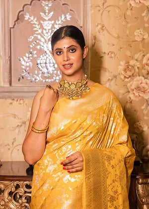 Yellow Katan Silk Saree — Cut Work