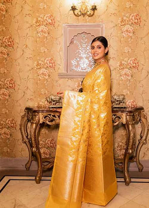 Yellow Katan Silk Saree — Cut Work