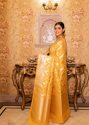 Yellow Katan Silk Saree — Cut Work Jaal