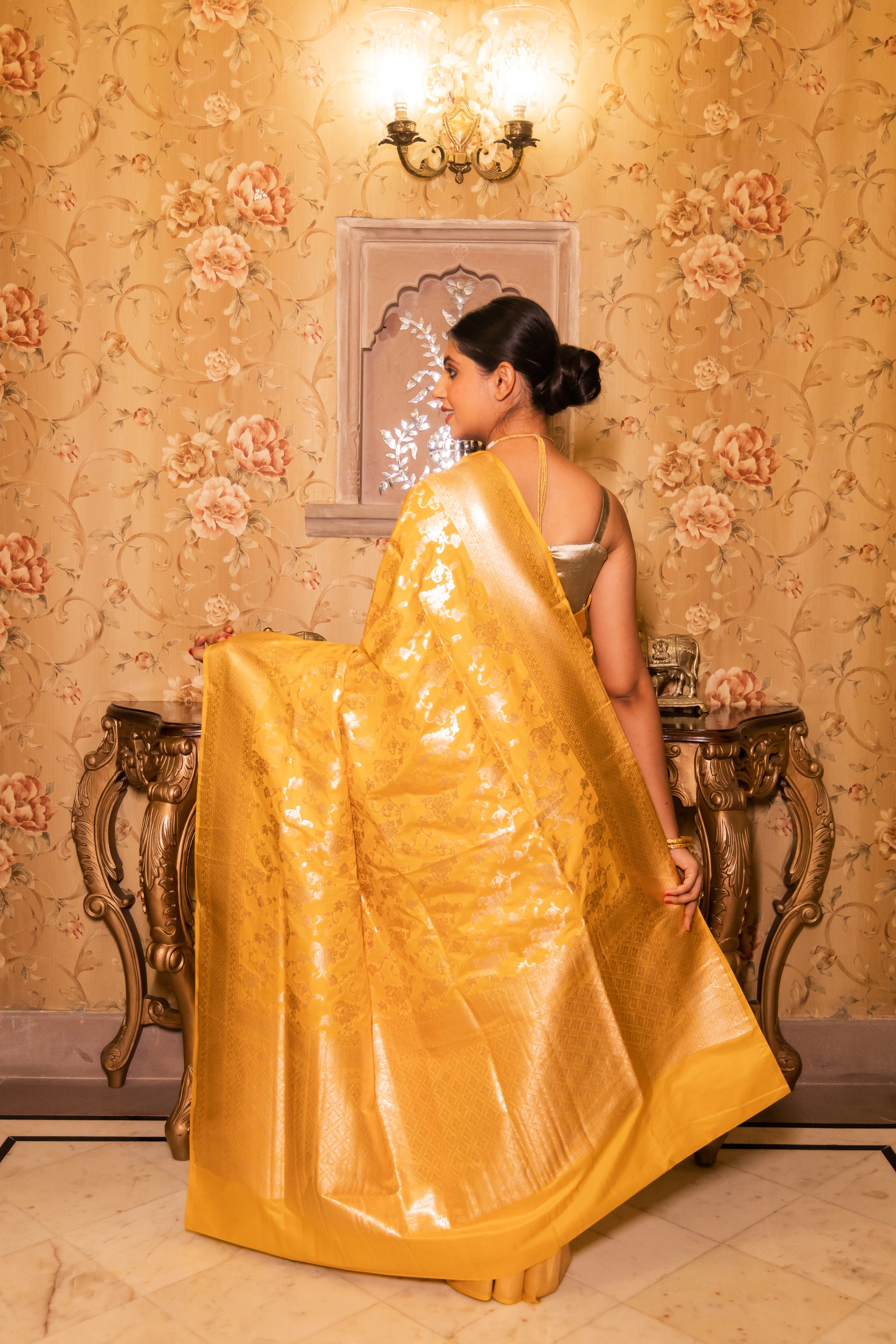 Yellow Handwoven Cutwork Katan Silk Saree