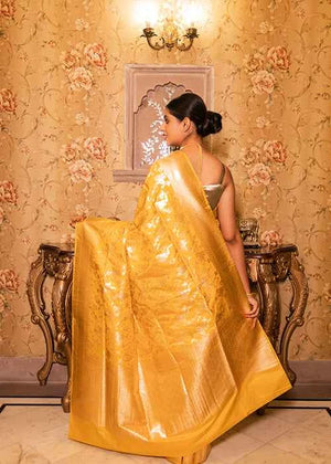 Yellow Katan Silk Saree — Cut Work