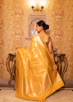 Yellow Katan Silk Saree — Cut Work Jaal