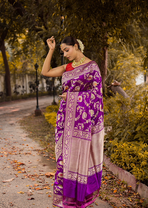 Purple Katan Silk Saree — Kadwa Jaal