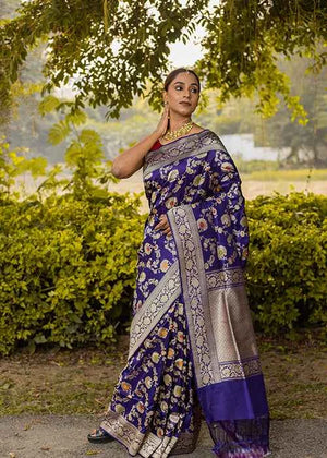 Blue Katan Silk Saree — Kadwa Meena Jaal