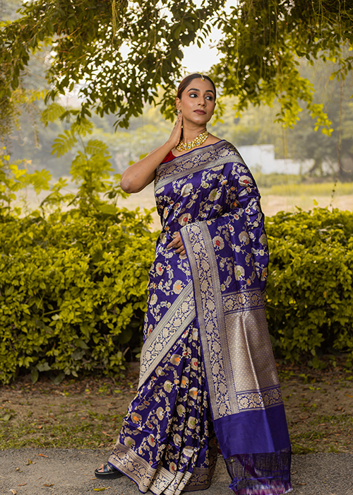 Blue Katan Silk Saree — Kadwa Meena Jaal