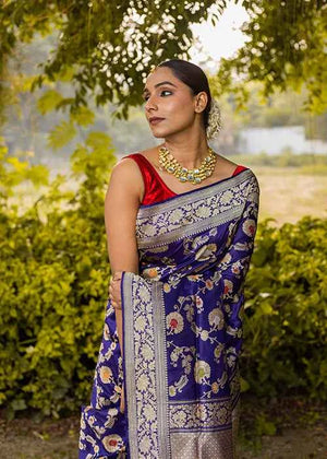 Blue Katan Silk Saree — Kadwa Meena Jaal