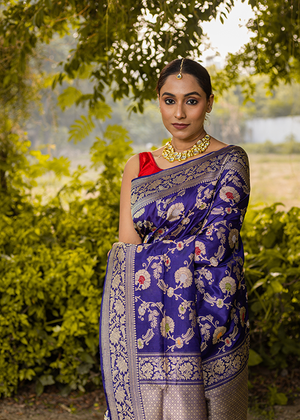 Blue Katan Silk Saree — Kadwa Meena Jaal