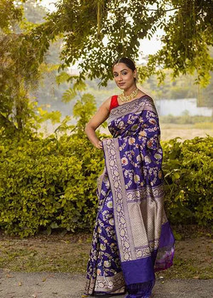 Blue Katan Silk Saree — Kadwa Meena Jaal