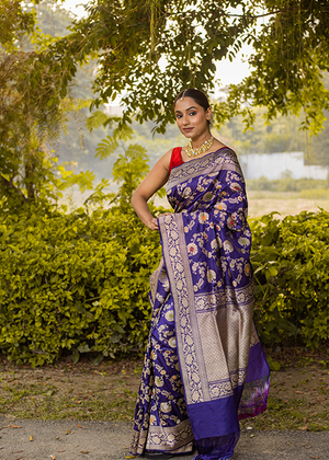 Blue Katan Silk Saree — Kadwa Meena Jaal
