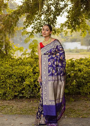 Blue Katan Silk Saree — Kadwa Meena Jaal