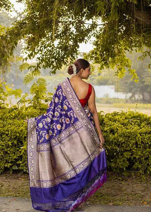 Blue Katan Silk Saree — Kadwa Meena Jaal