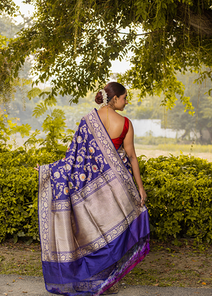 Blue Katan Silk Saree — Kadwa Meena Jaal