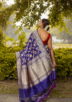 Blue Katan Silk Saree — Kadwa Meena Jaal