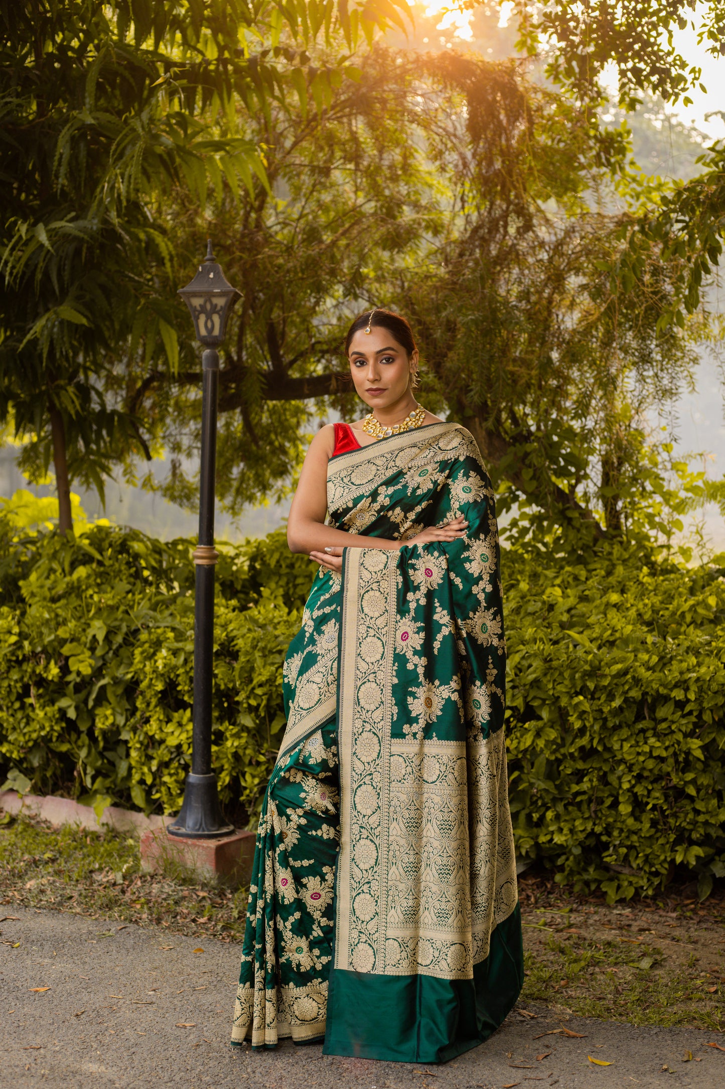 Bottle Green Saree Katan Silk Handwoven - Panaya 